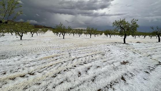 Una espectacular granizada tiñe Oria de blanco