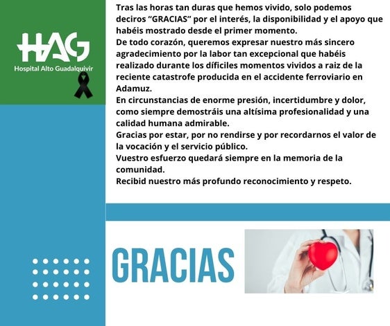 El Hospital de Andújar ensalza a los sanitarios que atendieron a los heridos en Adamuz