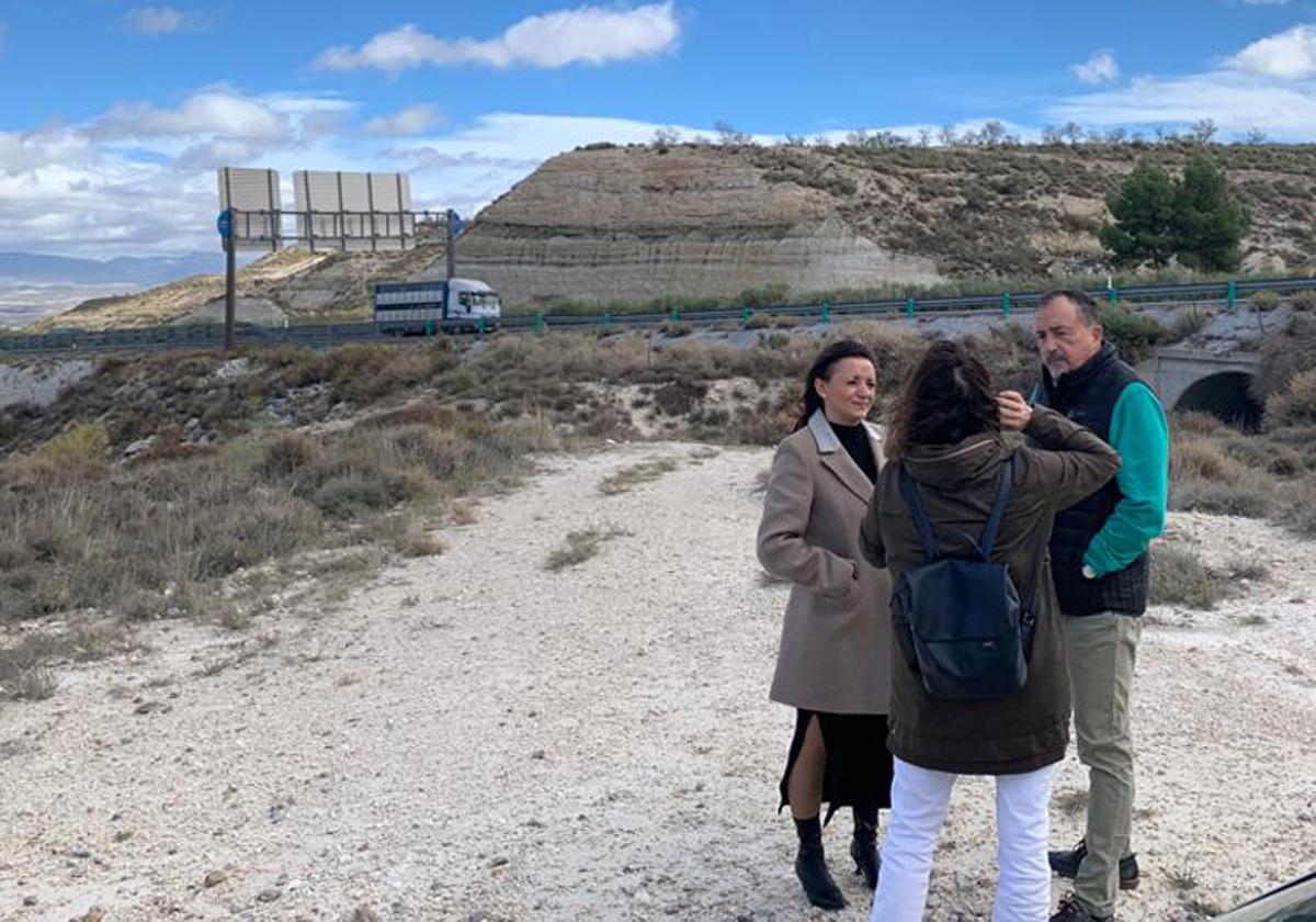 Carmen Rocío Martinez, presidenta de la Mancominidad con los tecnicos donde se va a construir la pasarela sobre la autovía A-92