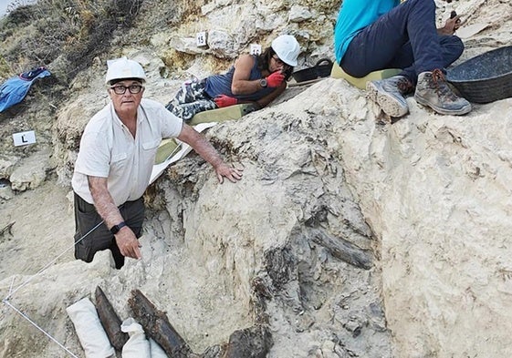 Bienvenido Martínez, señala los restos del mastodonte Anancus Arvernensis en los niveles superiores del yacimento