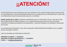 Aguas de El Ejido alerta de intentos de robo haciéndose pasar por personal municipal