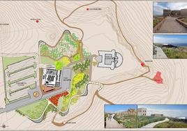 Plano de recreación con los aparcamientos, rotonda y senderos previstos para el Jardín Mediterráneo.