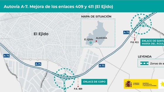 Transportes licita por 16,1 millones de euros la mejora de los enlaces 409 y 411 de la A7 a su paso por El Ejido