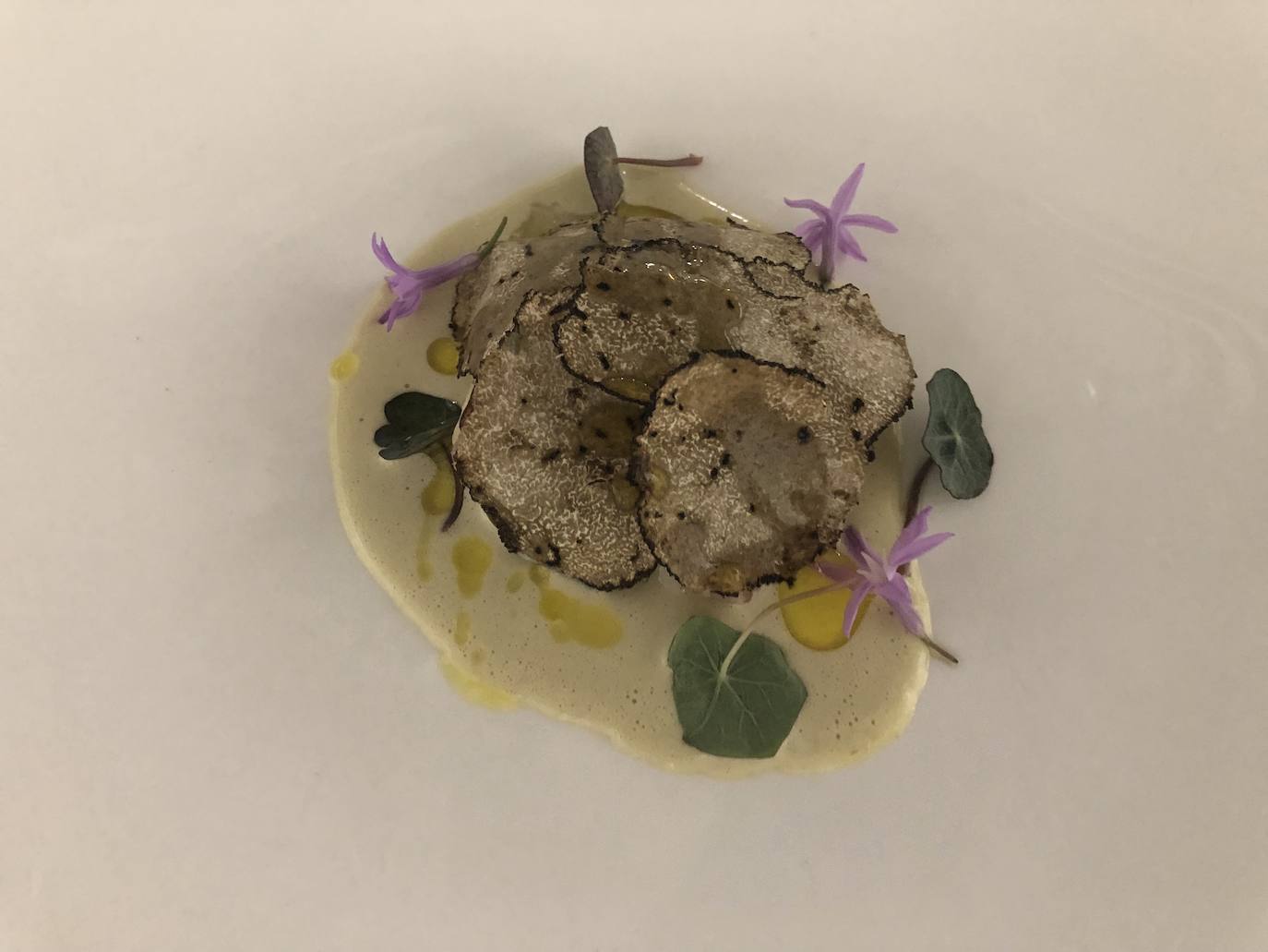 Crema de huevos fritos, papada y setas.