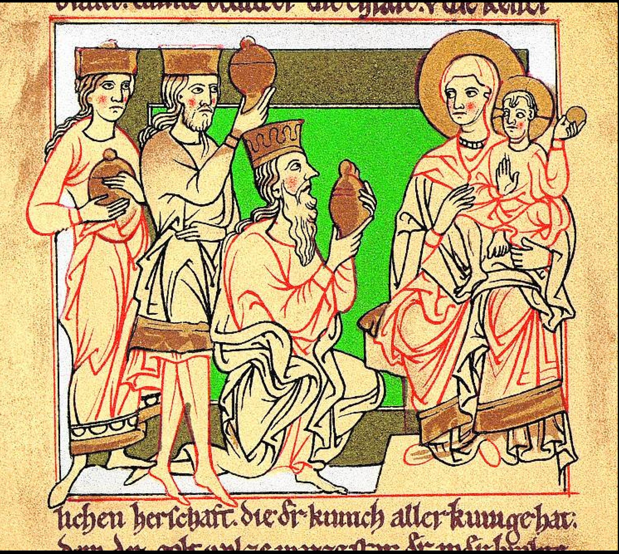 Adoración de los Magos, en un manuscrito alemán medieval