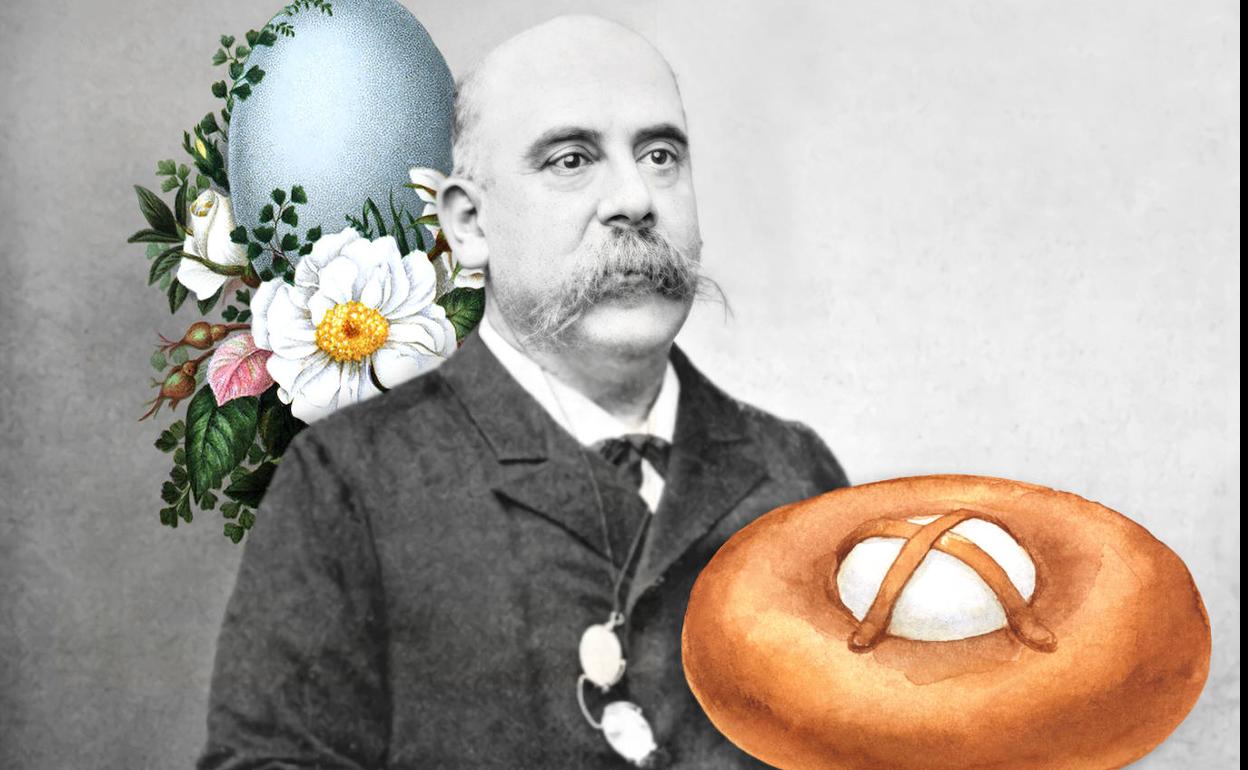 El expresidente Emilio Castelar, en una composición de imagen, con una mona de Pascua. 