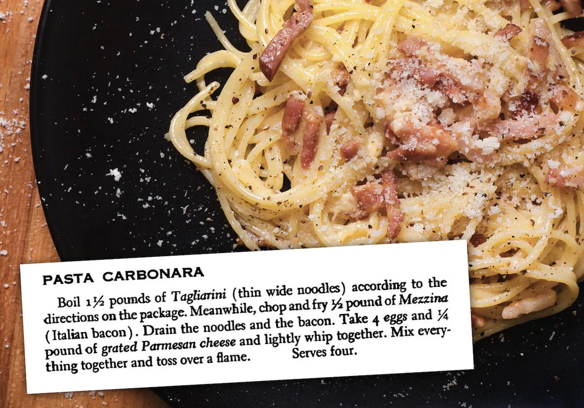 Plato de espagueti a la carbonara y receta publicada en el libro 'Vittles and Vice' de Patricia Bronté