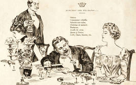 Grabado de finales del siglo XIX y propuesta de menú de José Castro Serrano.