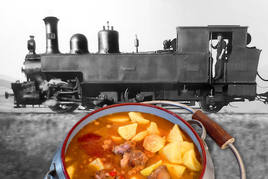 Olla ferroviaria de patatas con carne y fotografía de la locomotora de vapor Vizcaya.