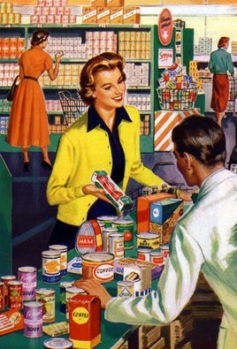 Ilustración publicitaria de un supermercado en EE UU en los años 50.