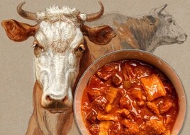 Plato de callos sobre un dibujos de vacas de Samuel Colman (1876).