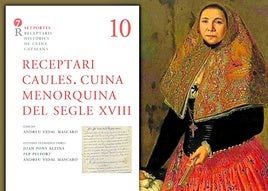 Portada del manuscrito Caules editado por Barcino y dama menorquina del s. XVIII.