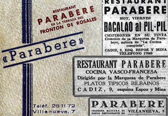 Tarjeta publicitaria del restaurante Parabere y anuncios de prensa del negocio entre 1936 y 1941.