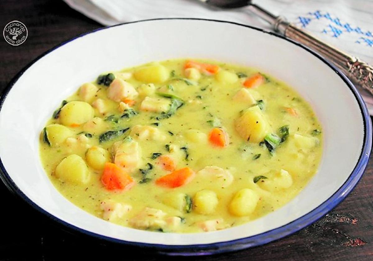 Sopa de ñoquis con pollo y verduras variadas