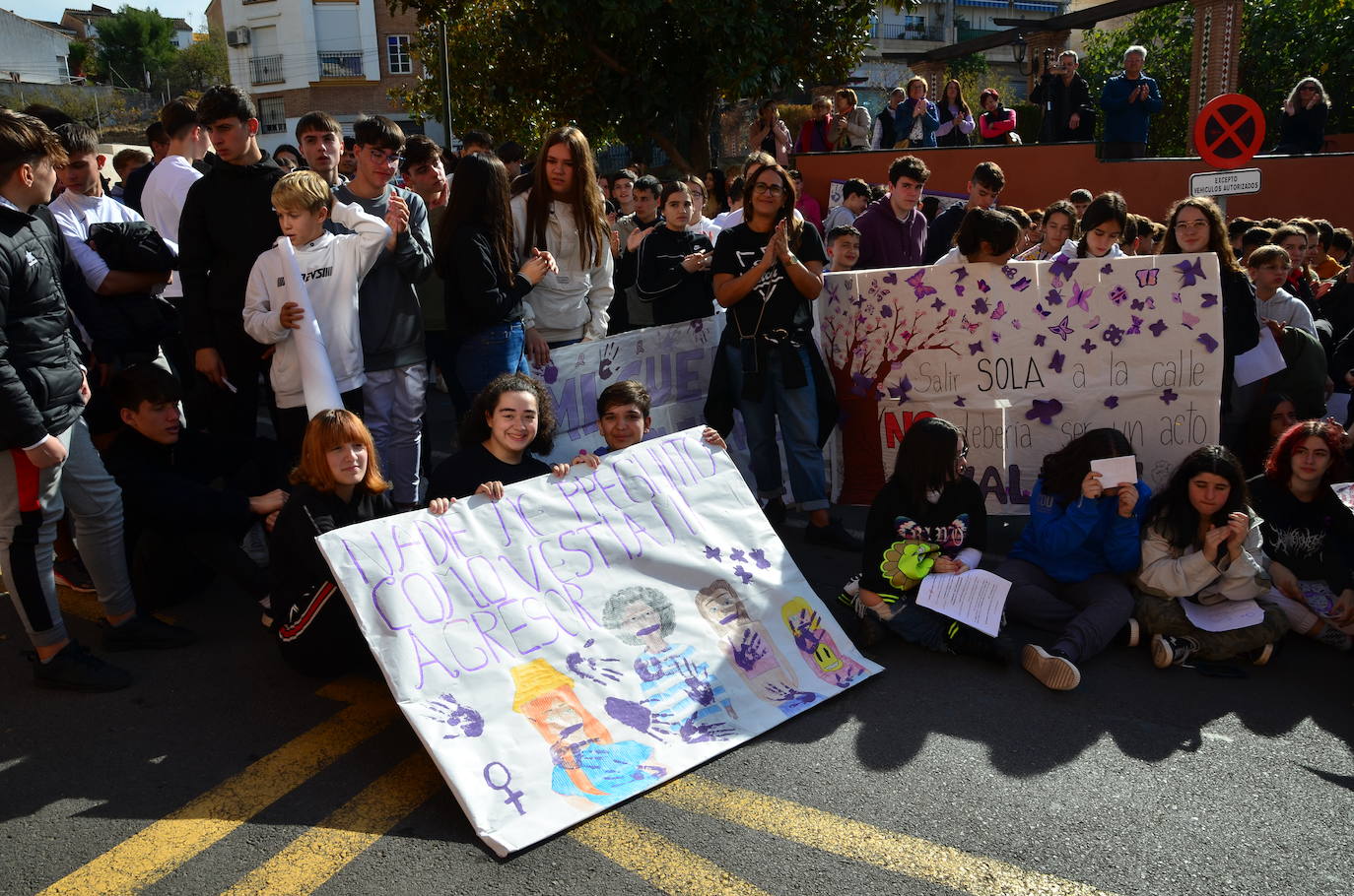 El alumnado del IES Los Neveros, hoy frente al Ayuntamiento de Huétor Vega.