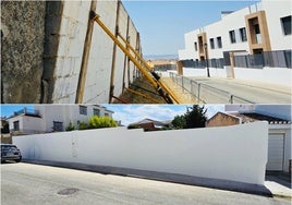 Aspecto del muro en la calle Zahareña antes y después del arreglo.