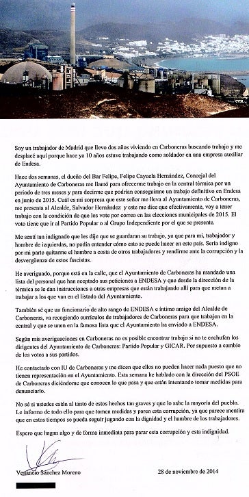 Una carta con dudoso remitente enciende la polémica en Carboneras