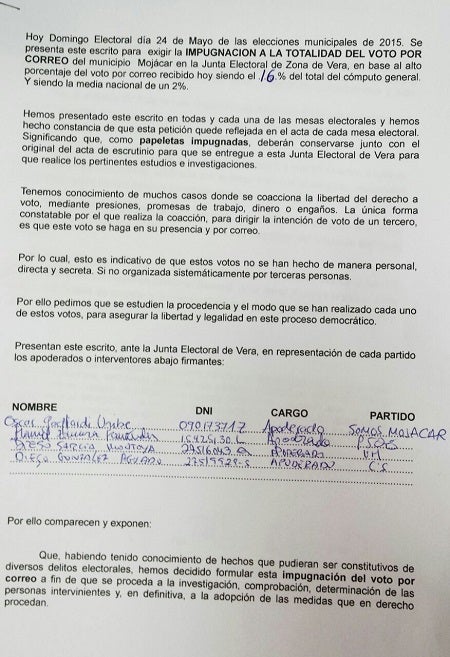 Cuatro partidos en Mojácar impugnan el voto por correo
