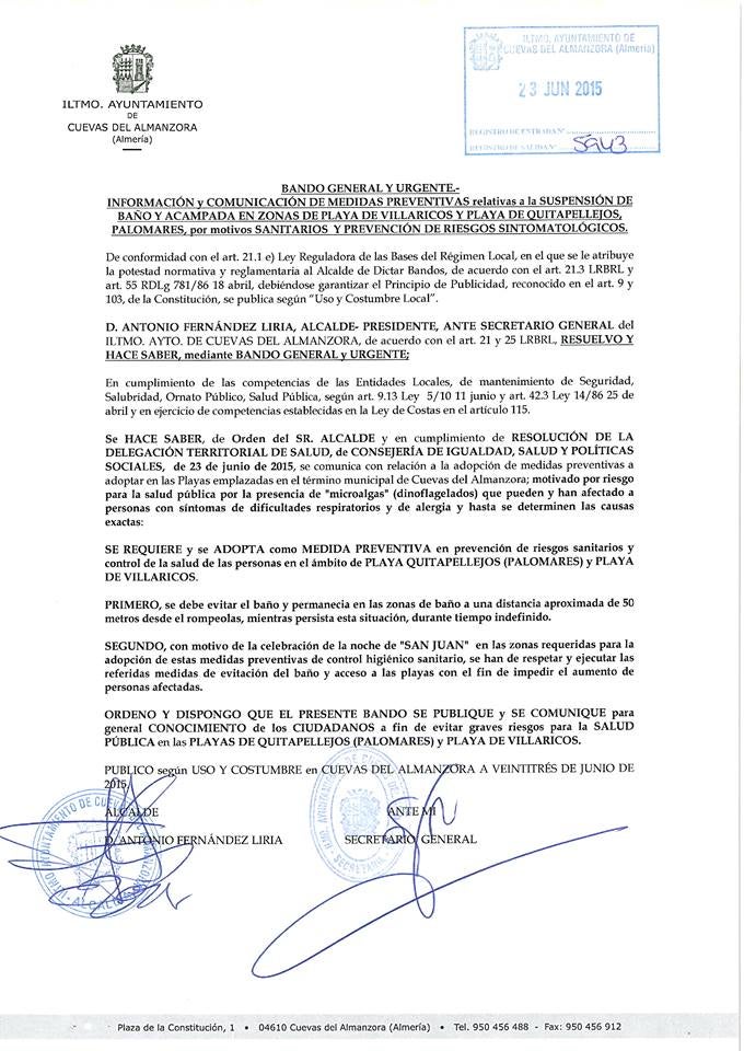 Sanidad estudia el playazo de Vera y las playas de Villaricos y Palomares ante el episodio de personas con problemas respiratorios