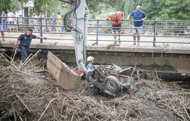 Un coche aparece absolutamente cubierto por la maleza que arrastró la crecida del río. 