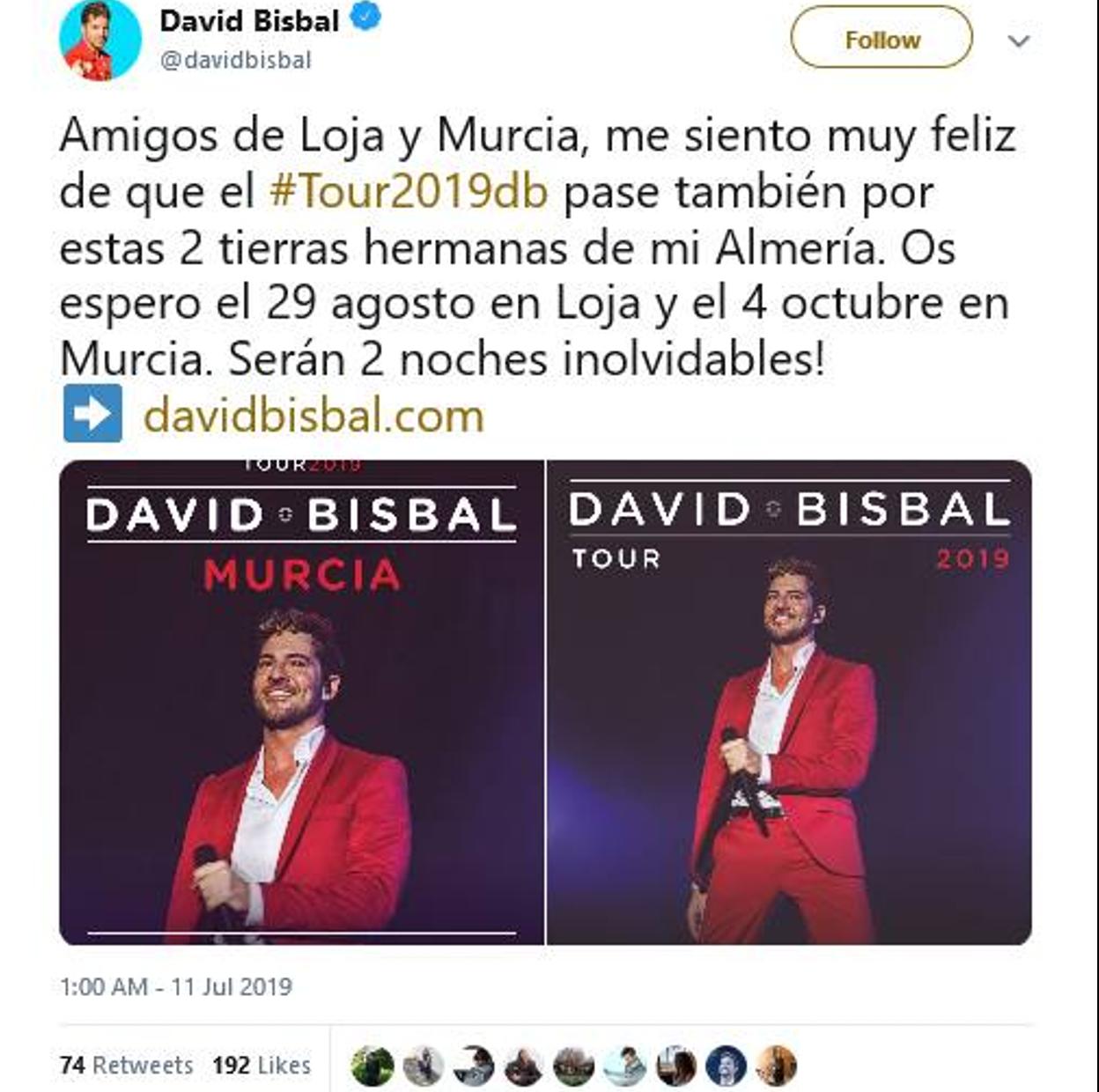 David Bisbal anuncia vía Twitter su concierto de agosto en Loja