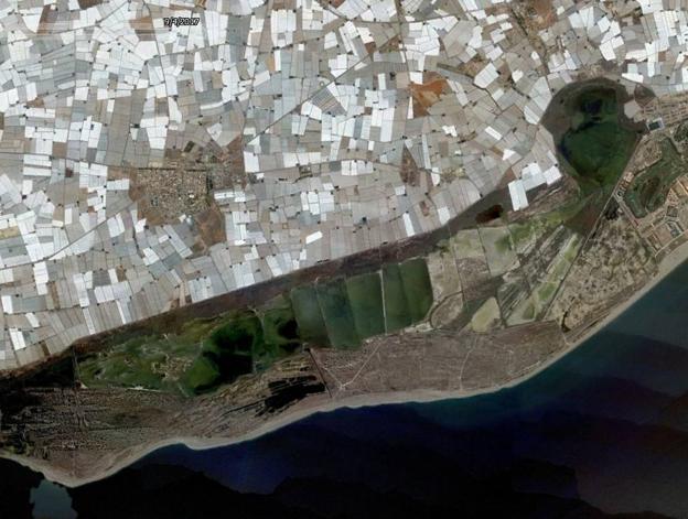 Vista de satélite de Punta Entinas, donde se aprecian las salinas 'redonda' y 'alargada'. :: GOOGLE