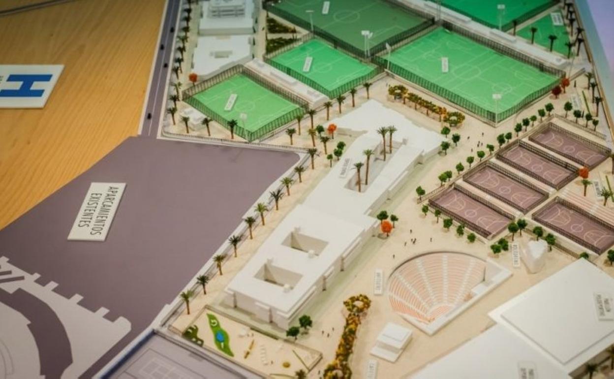 Maqueta del proyecto de la Ciudad Deportiva de Roquetas, planteado hace casi dos décadas.