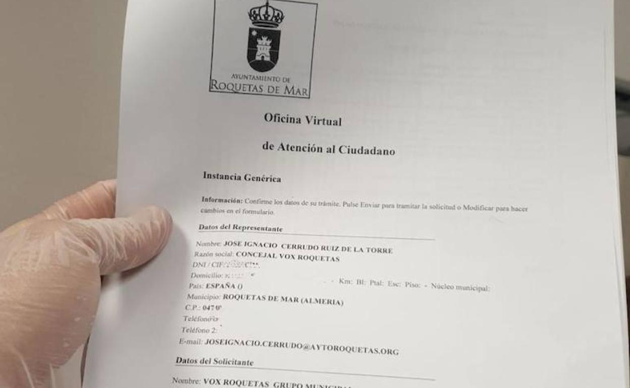 Solicitud de pleno telemático presentada por Vox en Roquetas.