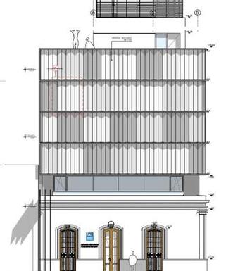 Plano de alzado del nuevo edificio diseñado, que incorpora dos plantas sobre la casa original. 