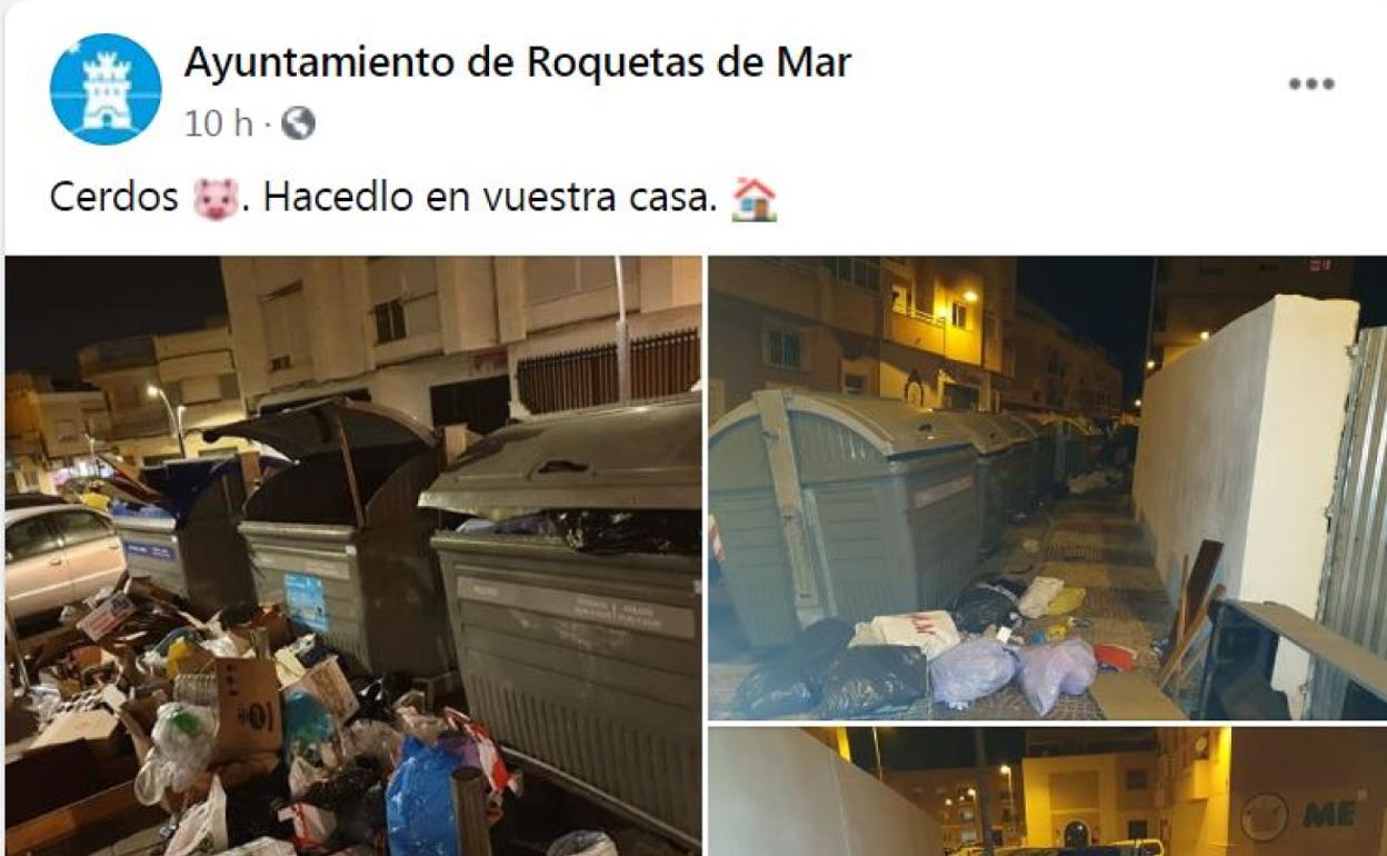 Polémica en el Facebook de Roquetas por llamar «cerdos» a los que tiran la basura fuera de los contenedores