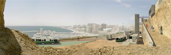 Uno de los bocetos realizados por el arquitecto José María Martínez en los que se muestra un tren-tranvía en el que se ve el Puerto Deportivo de Aguadulce.