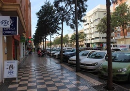 La Avenida Juan Carlos I de Roquetas de Mar cuenta con una gran cantidad de coches aparcados próximas a las tiendas de la zona.