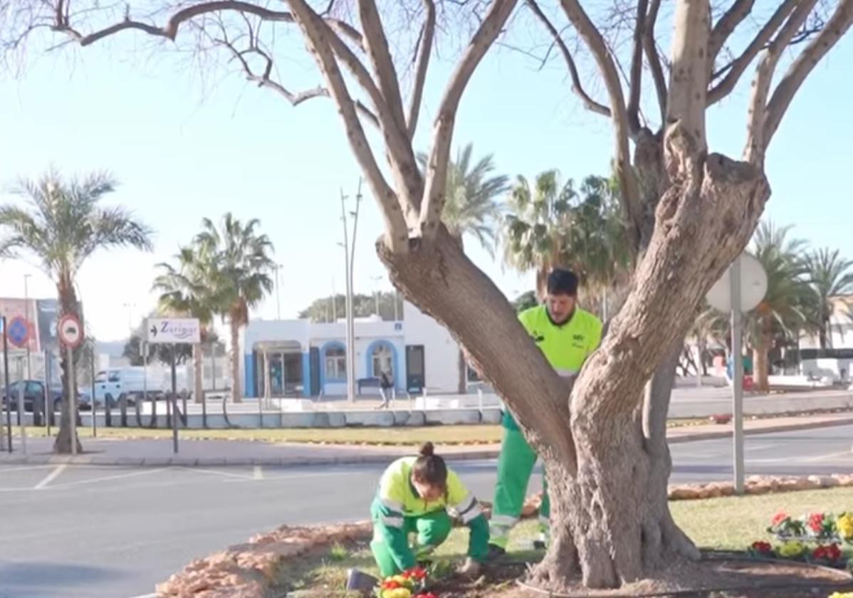 Dos trabajadores se encargan de labores en el municipio.