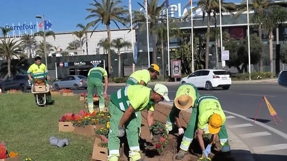 Roquetas realiza labores de jardinería en la rotonda cercana al centro Gran Plaza
