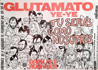 Imagen secundaria 1 - Cartel de Glutamato Ye-Ye en el que aparece Lorenzo (grapadora en mano) y dos fotos de su archivo junto a Ian Dury y Loquillo. 
