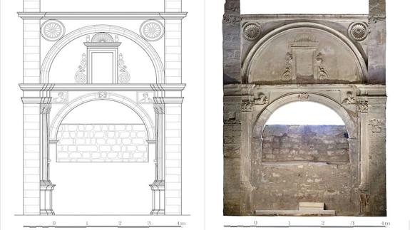 La capilla del Santo Cristo del Pozo, dibujo de Raya y foto ortofotográfica (conjunto de imágenes corregidas para presentar una proyección ortogonal sin efectos de perspectiva y en la que, por lo tanto, es posible realizar mediciones exactas) de PyC Producciones.