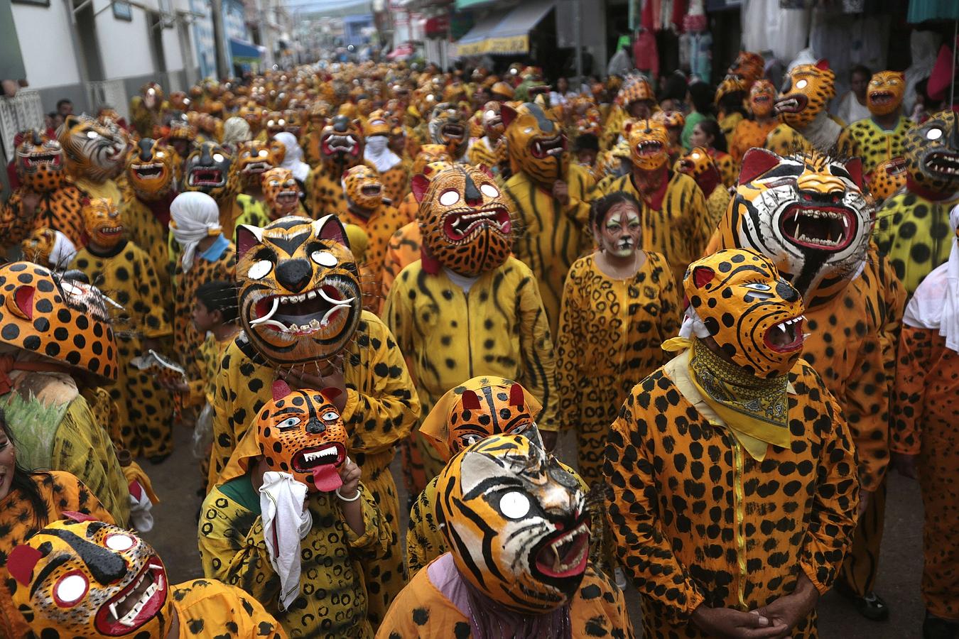 Personas disfrazadas de tigres participan en un desfile tradicional para pedir lluvia y un montón de cultivos, en Chilapa, Guerrero, México.