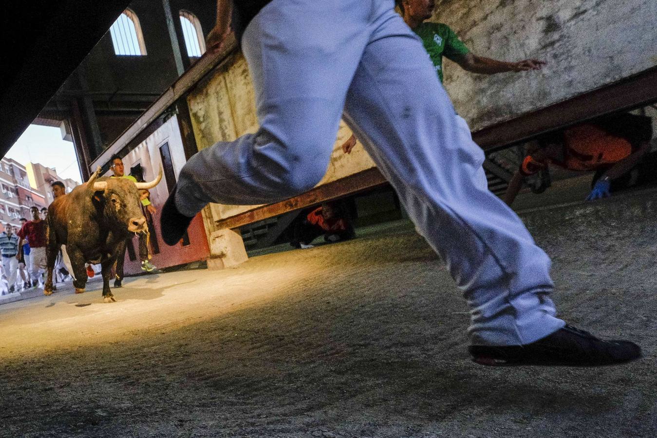 Participantes corren delante de los toros de Juan Albarrán durante el primer encierro en San Sebastián de los Reyes cerca de Madrid.