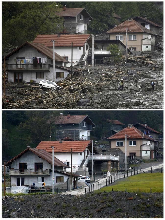 Una foto muestra a la gente evacuando sus casas inundadas durante las inundaciones 16 de mayo 2014 (arriba) y el mismo lugar después de las inundaciones 08 de octubre 2014 en Topčić Polje.