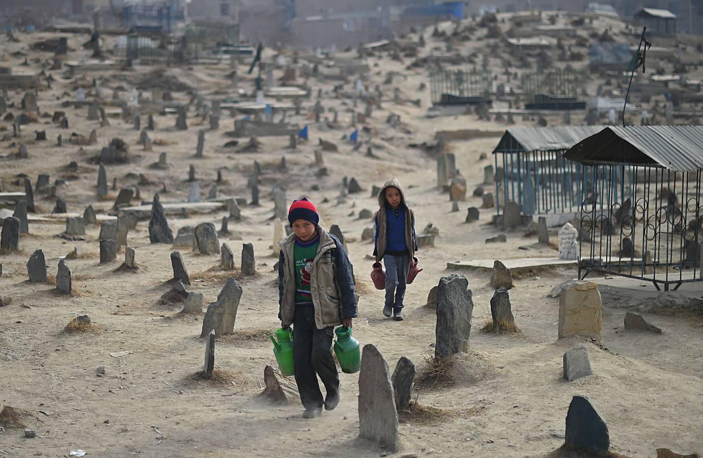 Niños afganos que trabajan como vendedores de agua buscan clientes en el cementerio de Kart-e-Sakhi en Kabul.