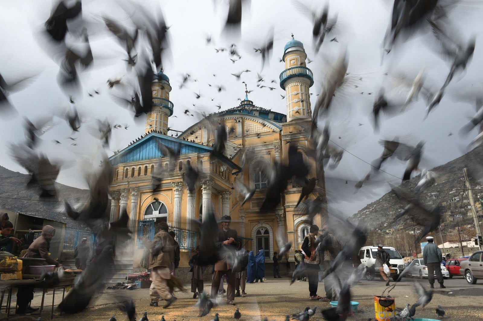 Palomas en la mezquita Shahi Doshamshira donde una mujer afgana fue asesinada a golpes y su cuerpo incendiado por una turba, en Kabul.