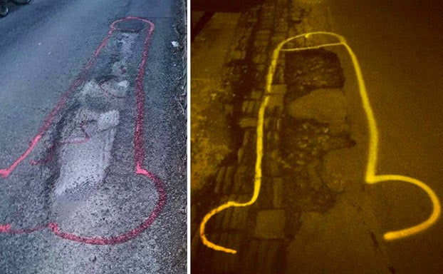 Un artista anónimo pinta penes en los baches para que sean arreglados y lo consigue