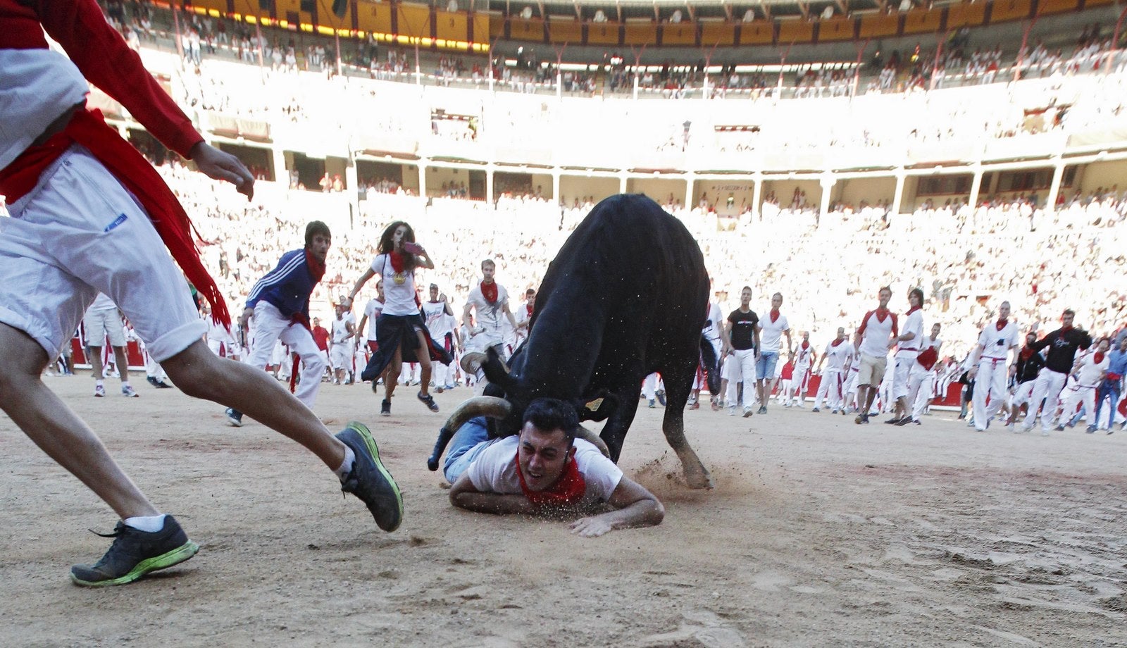 Una vaquilla cornea a un mozo después del séptimo encierro de las fiestas de San Fermín en Pamplona.