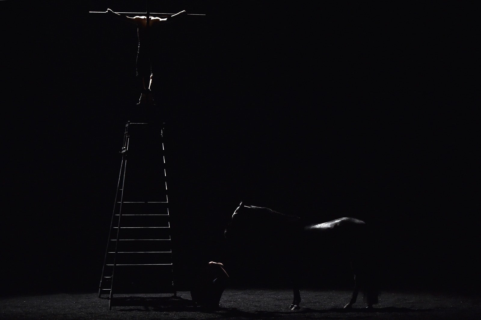 El director francés Bartabas (C) y el bailaor flamenco Andrés Marín (arriba) durante el estreno de su espectáculo "Golgota" en el Teatro dell'Opera de Roma. El espectáculo combina ecuestre arte, música y danza . Bartabas invitó Andrés Marín en un diálogo entre el hombre, los animales, la danza y la música de Tomás Luis de Victoria