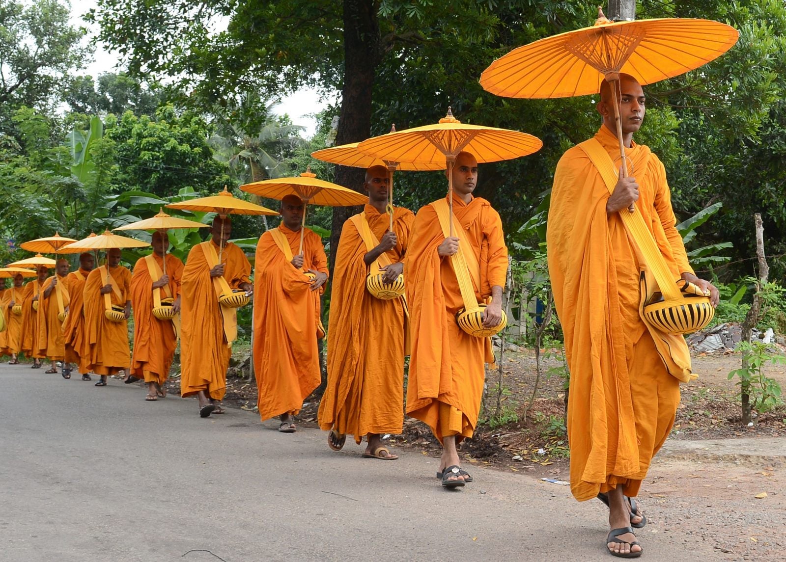 Monjes budistas buscan ofrendas de alimentos en Colombo,Sri Lanka.