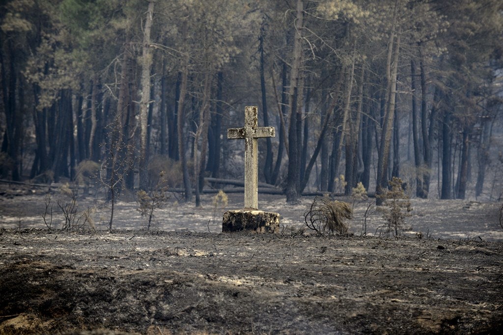 Vista de la superficie calcinada en el incendio forestal iniciado ayer en Cualedro, que ha afectado a otros municipios de Ourense y ya está estabilizado, arroja un balance provisional de 3.000 hectáreas arrasadas, lo que lo convierte en el primer gran incendio forestal del verano en Galicia.