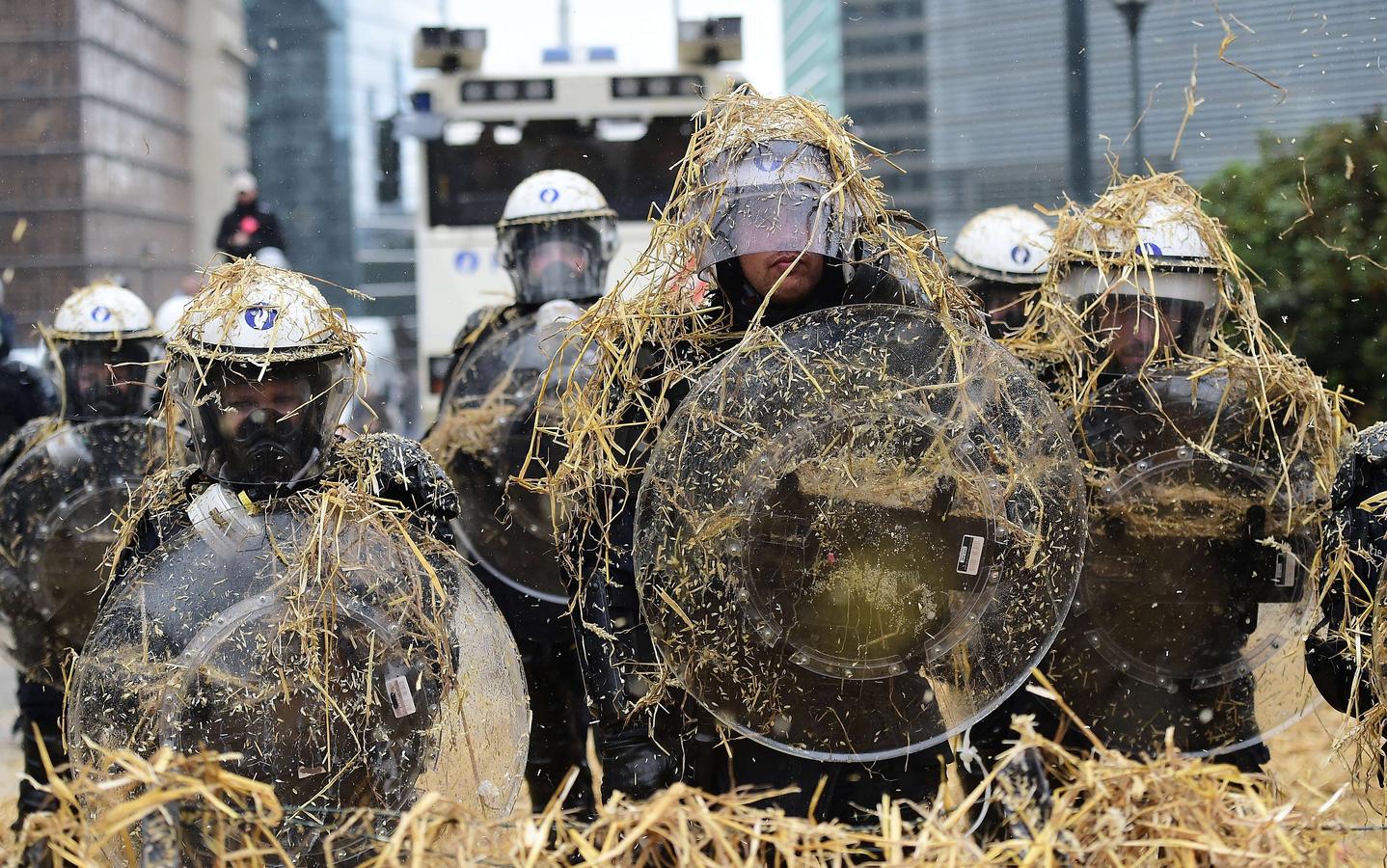 Agricultores echó pajas en las fuerzas de policía durante una manifestación frente al edificio de la Comisión Europea.