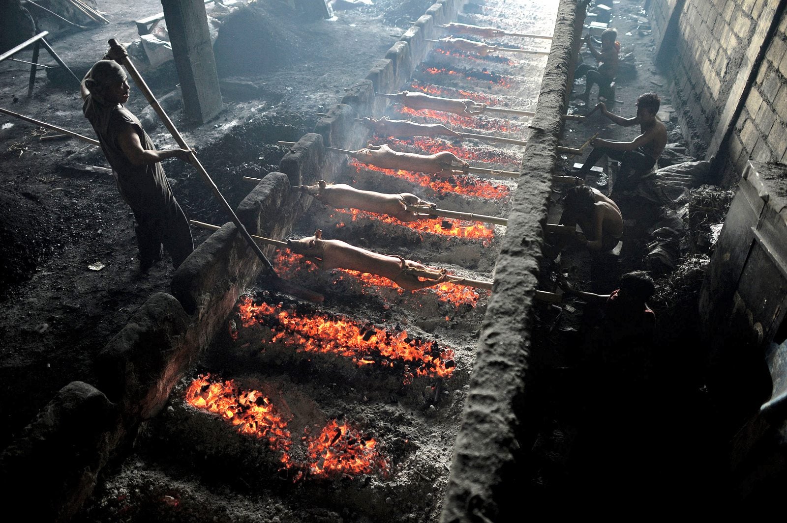 Un trabajador aplica aceite a cerdos ensartados en bambú ensartado mientras se asan sobre brasas en Manila.
