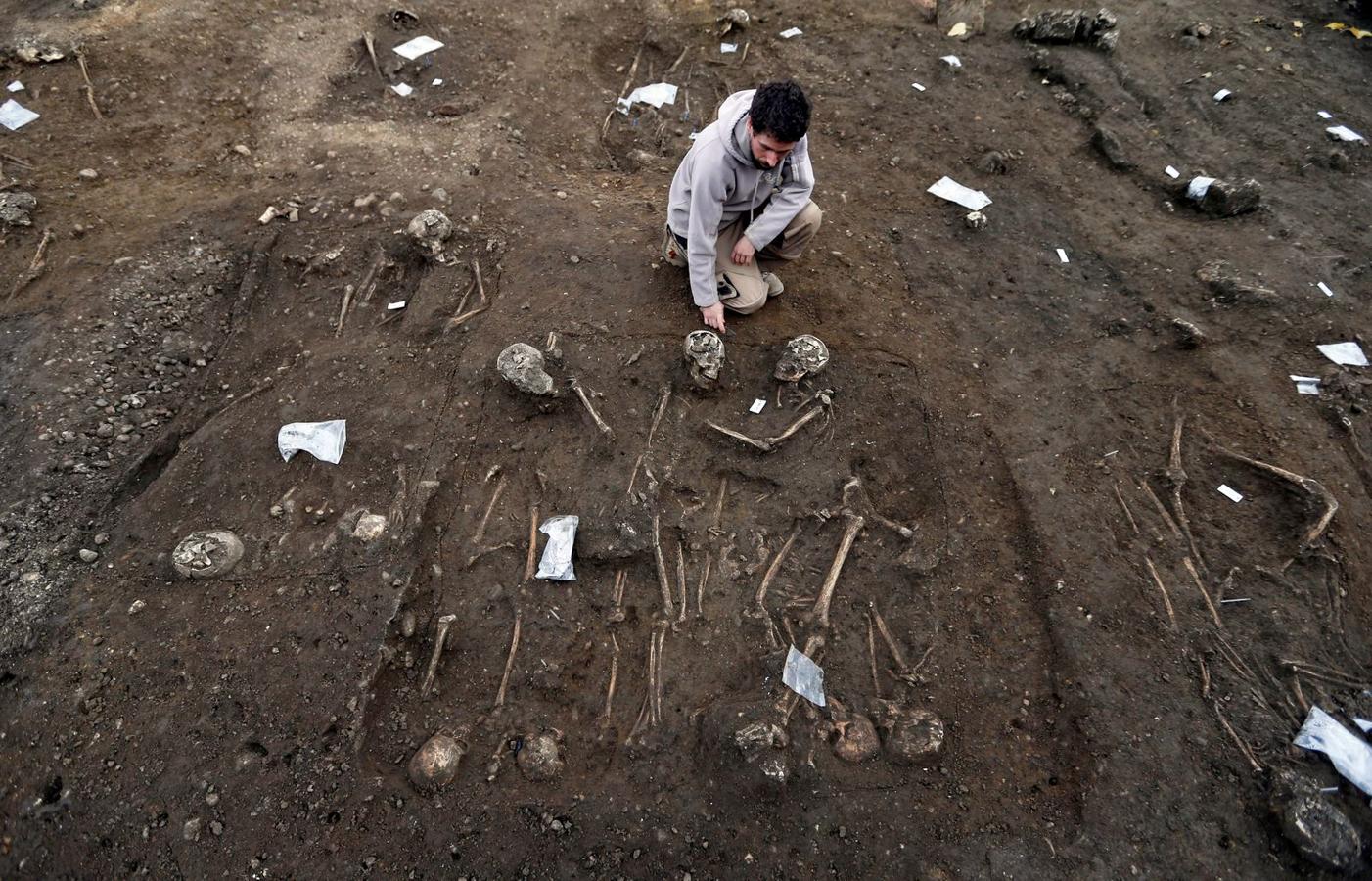 Un arqueólogo observa restos del esqueleto de un antiguo cementerio que fue excavado en una obra en Burdeos, Francia