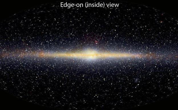 Vista de canto de las galaxias vista por el Cosmic Background Explorer probe, donde se aprecia el bulbo en forma de cacahuete.